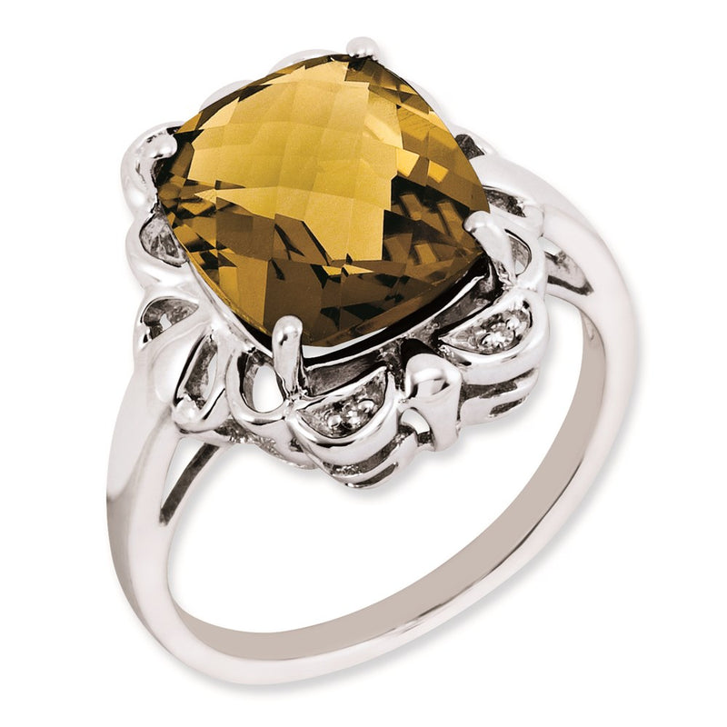 Sterling Silver Rh Plated Checker Cut Whiskey Quartz & Diamond Ring (Size 7 Only)