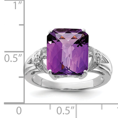 Sterling Silver Rhodium Octagonal Checker Cut Amethyst & Diamond Ring