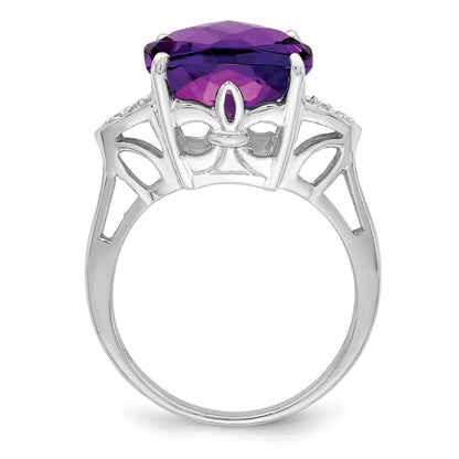 Sterling Silver Rhodium Plated Checker Cut Amethyst & Diamond Ring (Size 10 Only)