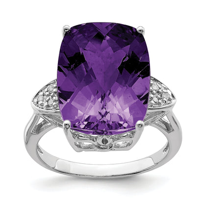 Sterling Silver Rhodium Plated Checker Cut Amethyst & Diamond Ring (Size 10 Only)