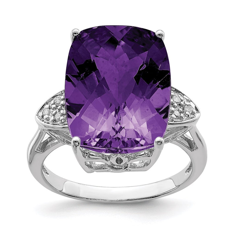 Sterling Silver Rhodium Plated Checker Cut Amethyst & Diamond Ring (Size 10 Only)