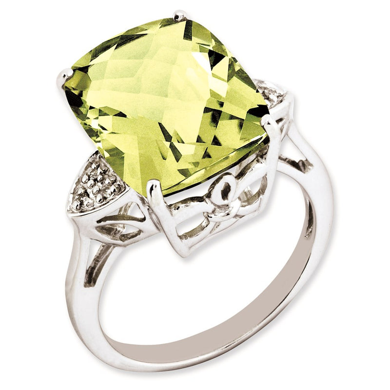 Sterling Silver Rhodium Plated Checker Cut Lemon Quartz & Diamond Ring (Size 7 Only)