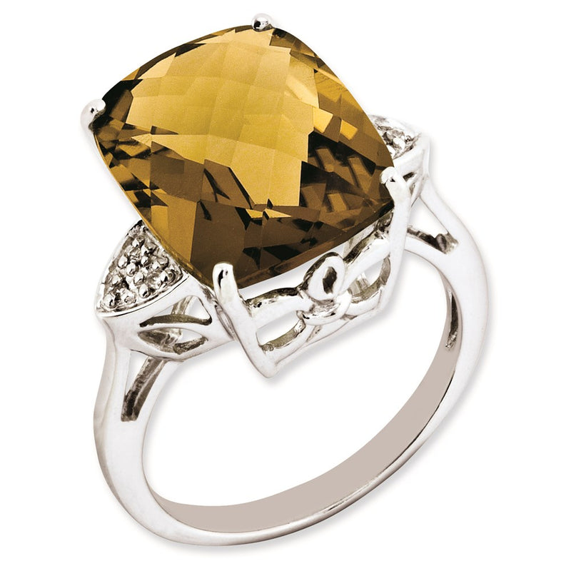 Sterling Silver Rh Plated Checker Cut Whiskey Quartz & Diamond Ring (Size 7 Only)