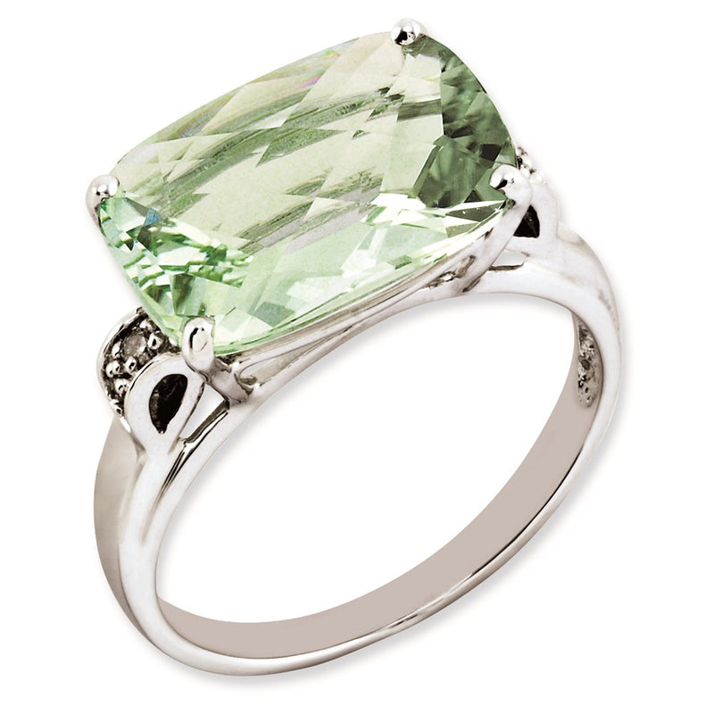 Sterling Silver Rhodium Plated Checker Cut Green Quartz & Diamond Ring (Size 7 Only)