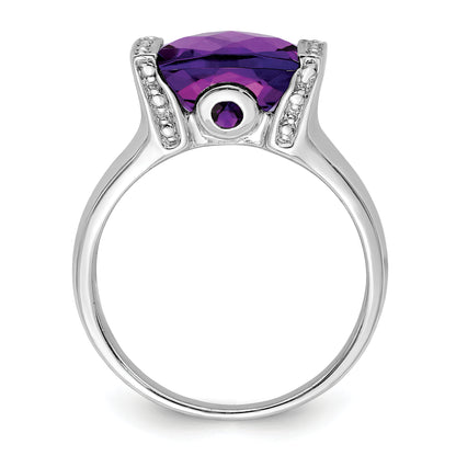 Sterling Silver Rhodium Plated Checker Cut Amethyst & Diamond Ring