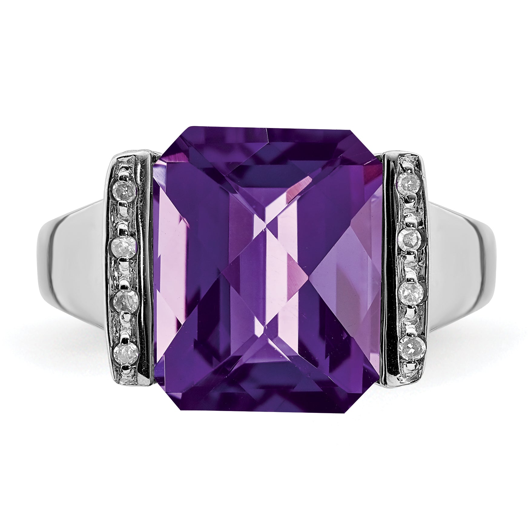 Sterling Silver Rhodium Plated Checker Cut Amethyst & Diamond Ring