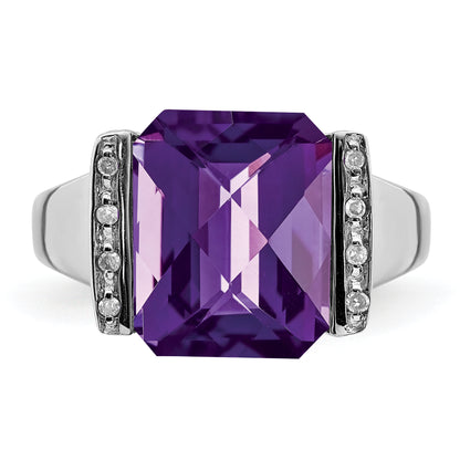 Sterling Silver Rhodium Plated Checker Cut Amethyst & Diamond Ring