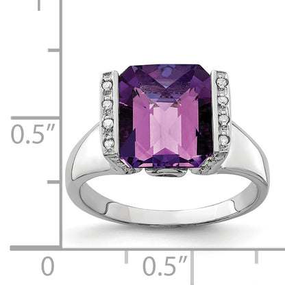 Sterling Silver Rhodium Plated Checker Cut Amethyst & Diamond Ring