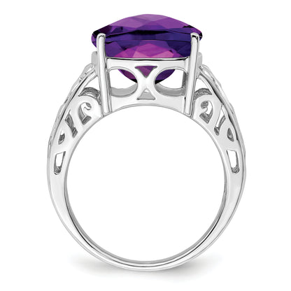 Sterling Silver Rhodium Plated Checker Cut Amethyst Ring