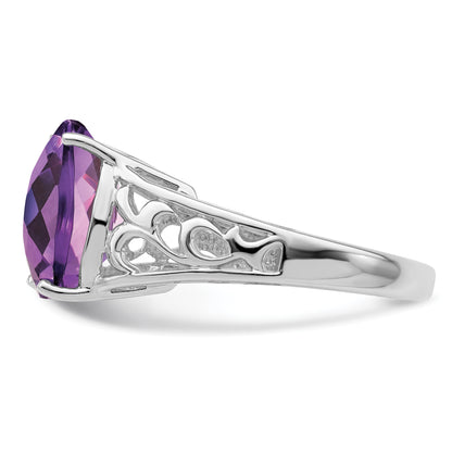 Sterling Silver Rhodium Plated Checker Cut Amethyst Ring