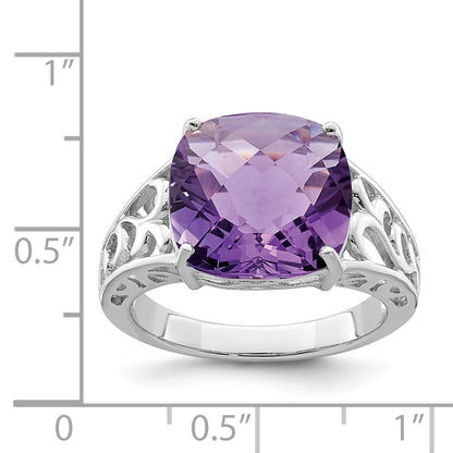 Sterling Silver Rhodium Plated Checker Cut Amethyst Ring