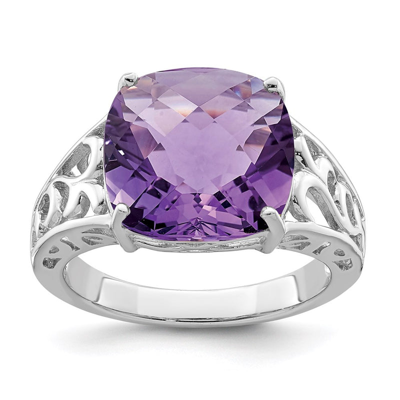 Sterling Silver Rhodium Plated Checker Cut Amethyst Ring