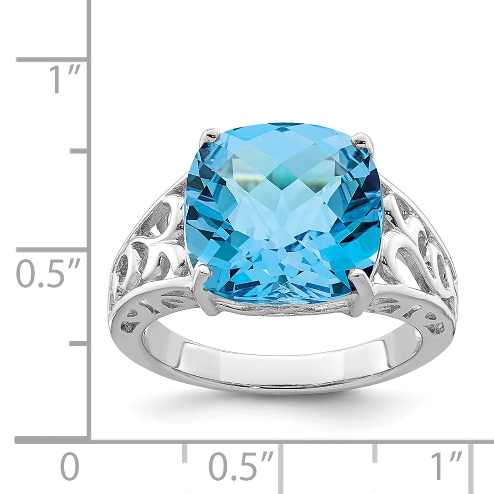 Sterling Silver Rhodium Checker Cut Blue Topaz Ring (Size 7 Only)