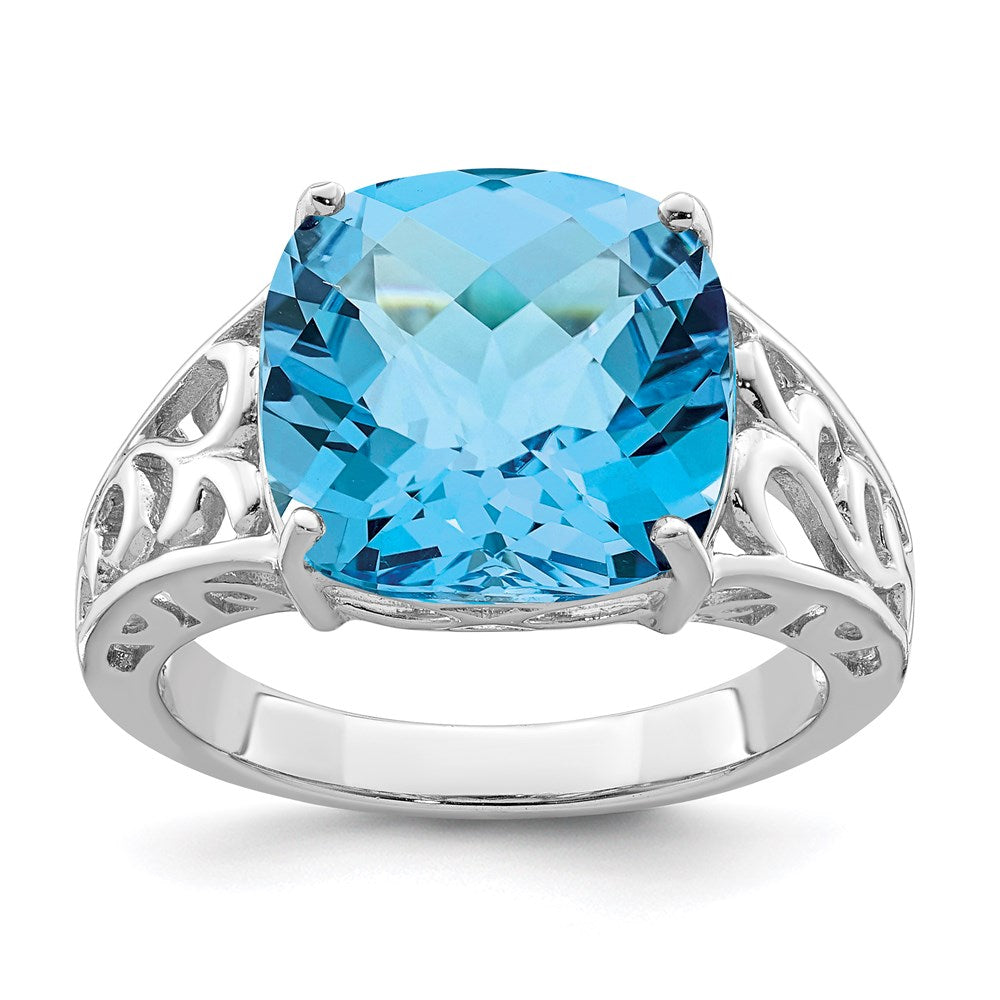 Sterling Silver Rhodium Checker Cut Blue Topaz Ring (Size 7 Only)