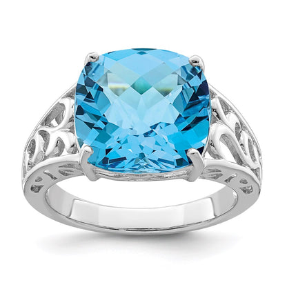 Sterling Silver Rhodium Checker Cut Blue Topaz Ring (Size 7 Only)