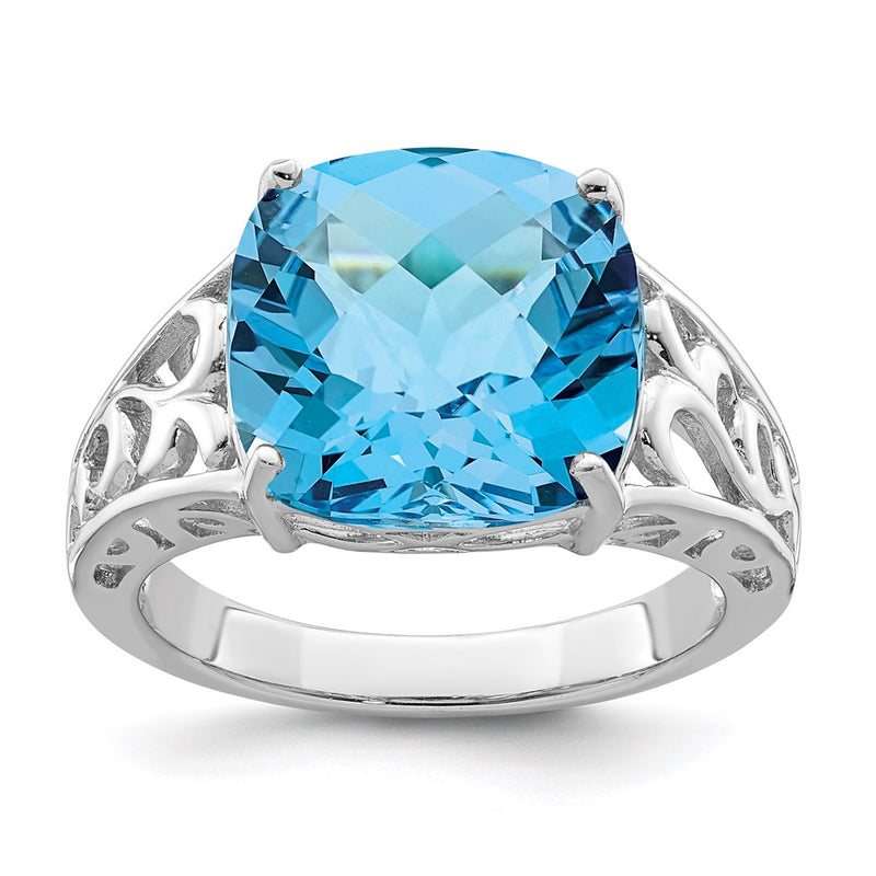 Sterling Silver Rhodium Checker Cut Blue Topaz Ring (Size 7 Only)