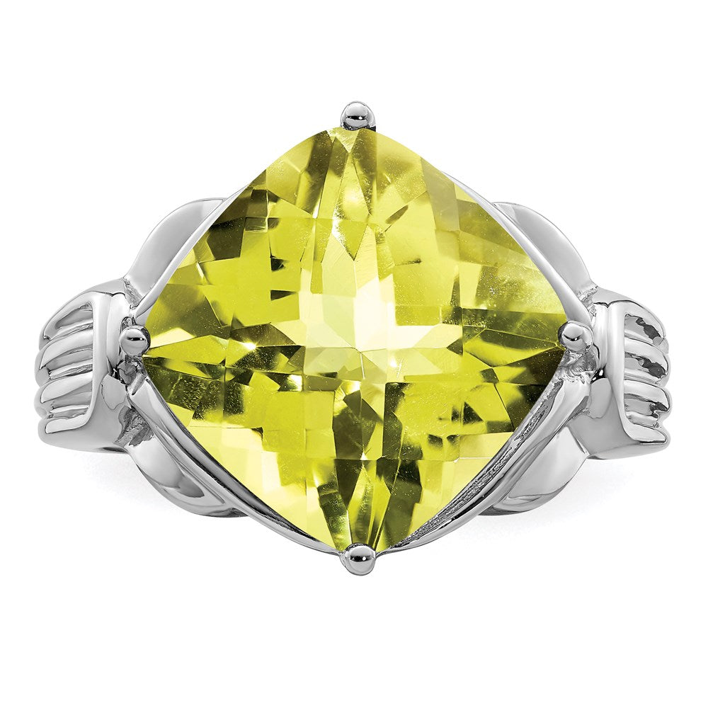Sterling Silver Rhodium Checker Cut Lemon Quartz Ring (Size 7 Only)