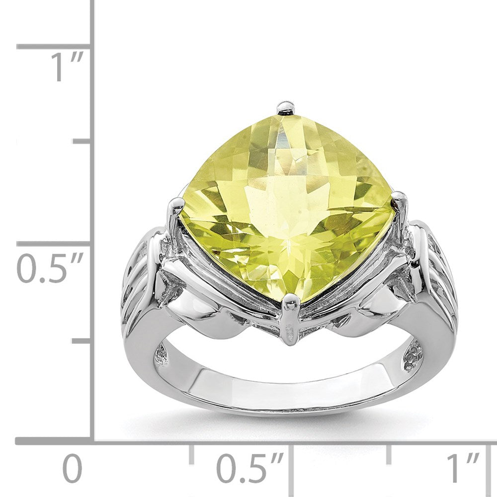 Sterling Silver Rhodium Checker Cut Lemon Quartz Ring (Size 7 Only)