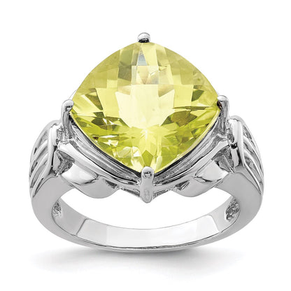 Sterling Silver Rhodium Checker Cut Lemon Quartz Ring (Size 7 Only)