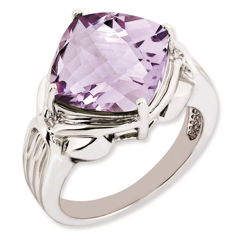 Sterling Silver Rhodium Plated Checker Cut Pink Quartz Ring (Size 7 Only)