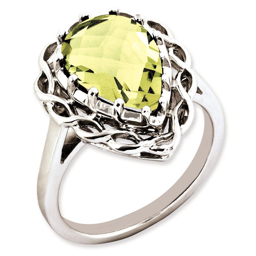 Sterling Silver Rhodium Plated Checker Cut Lemon Quartz Ring (Size 7 Only)