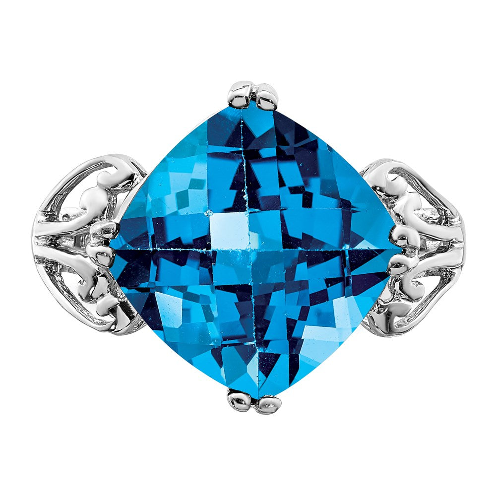Sterling Silver Rhodium Checker Cut Blue Topaz Ring (Size 7 Only)