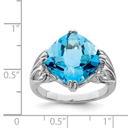 Sterling Silver Rhodium Checker Cut Blue Topaz Ring (Size 7 Only)