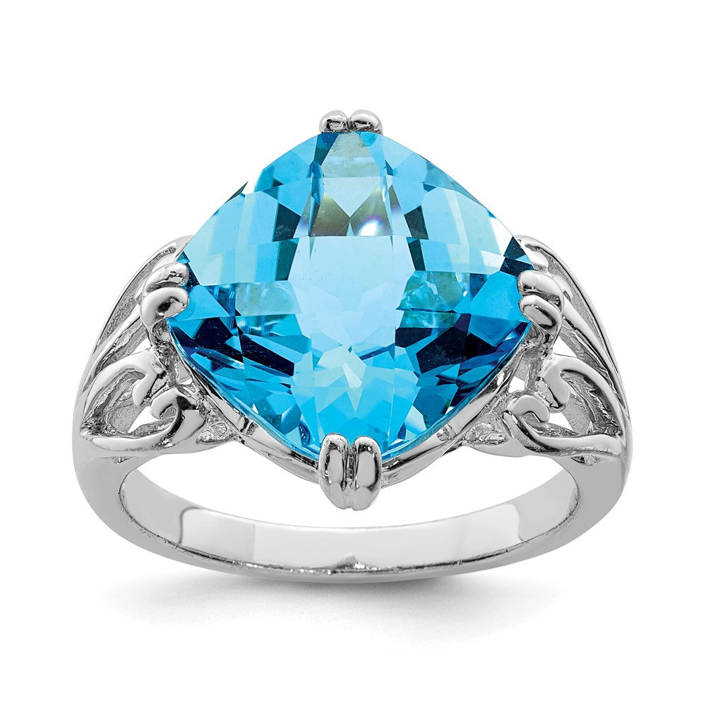 Sterling Silver Rhodium Checker Cut Blue Topaz Ring (Size 7 Only)