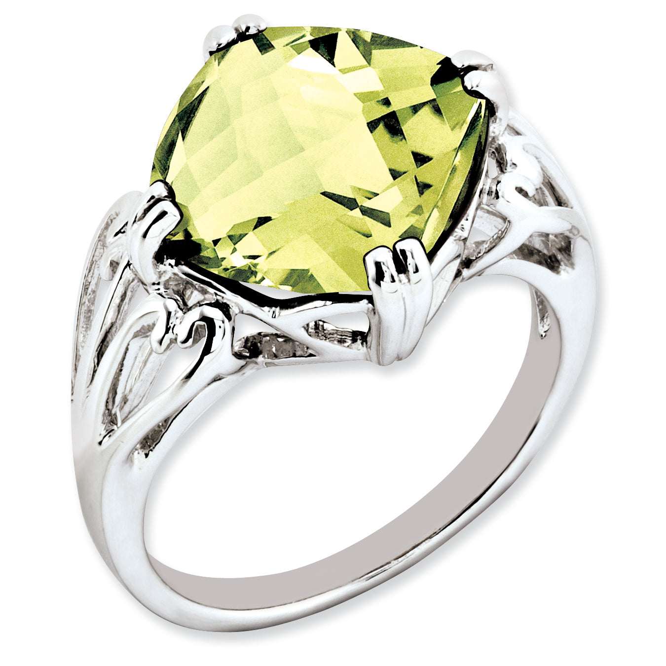 Sterling Silver Rhodium Plated Checker Cut Lemon Quartz Ring (Size 7 Only)
