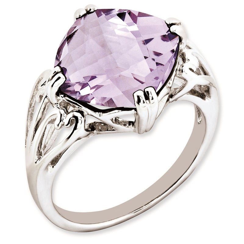 Sterling Silver Rhodium Plated Checker Cut Pink Quartz Ring (Size 7 Only)