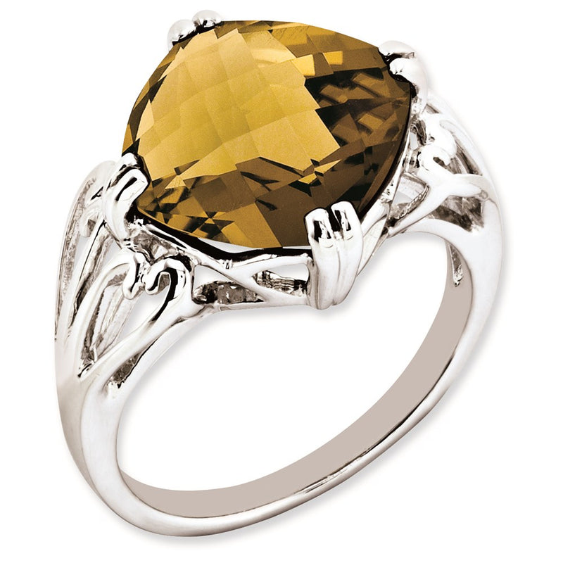 Sterling Silver Rhodium Plated Checker Cut Whiskey Quartz Ring (Size 7 Only)