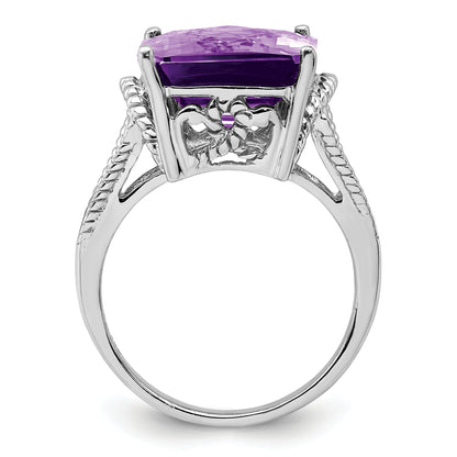 Sterling Silver Rhodium Plated Octagonal Checker Cut Amethyst Ring