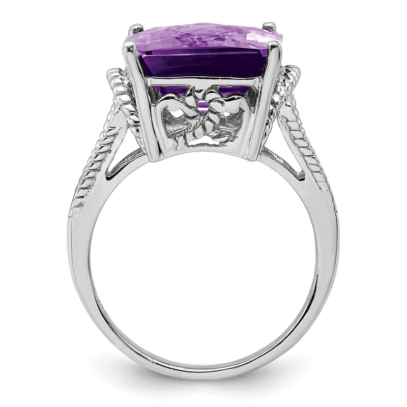 Sterling Silver Rhodium Plated Octagonal Checker Cut Amethyst Ring