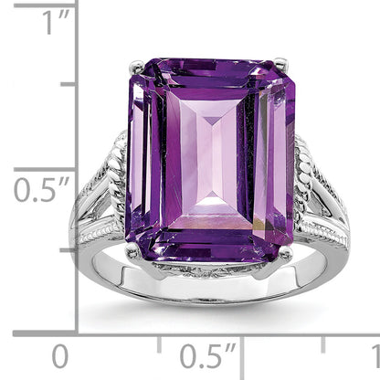 Sterling Silver Rhodium Plated Octagonal Checker Cut Amethyst Ring