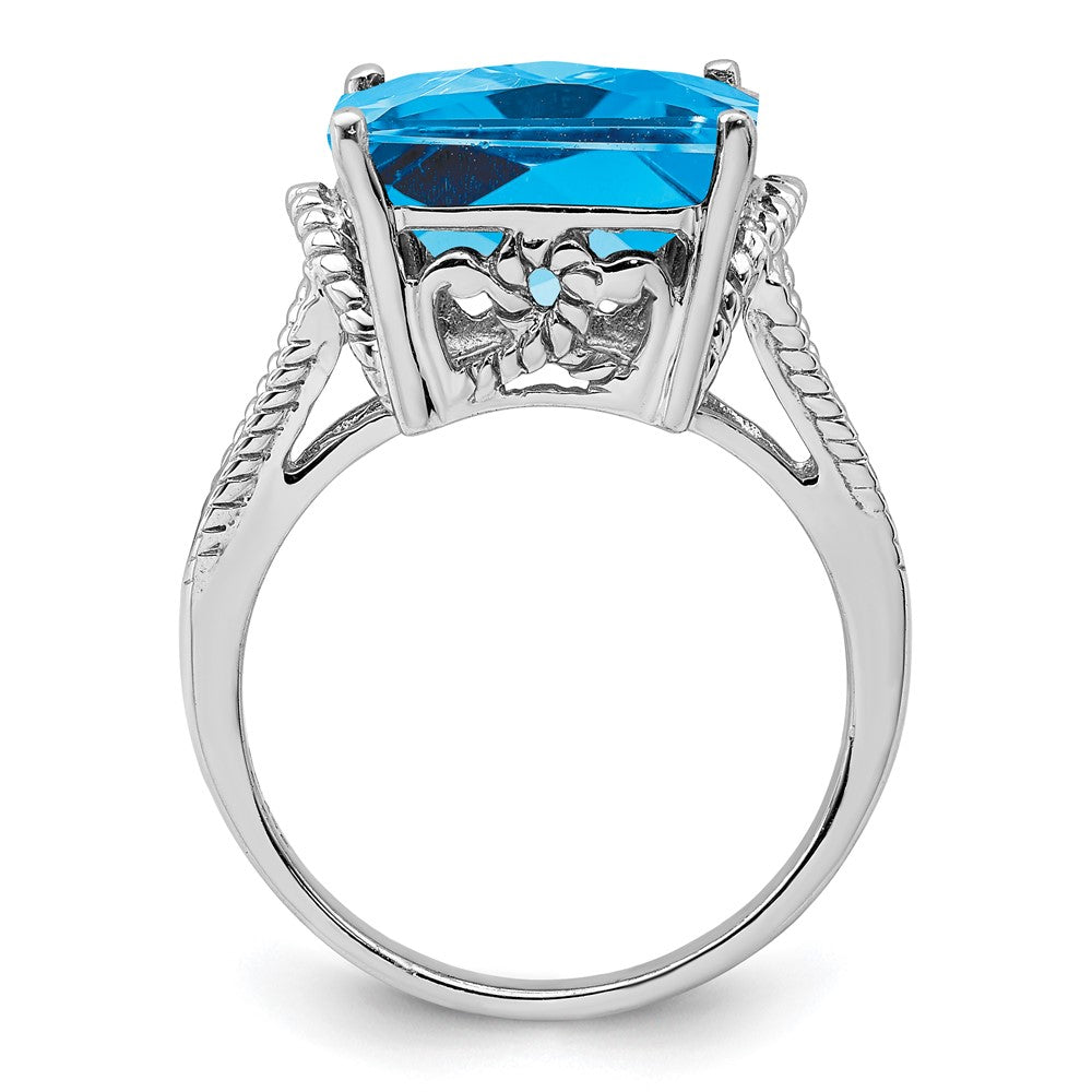 Sterling Silver Rhodium Checker Cut Blue Topaz Ring (Size 9 Only)