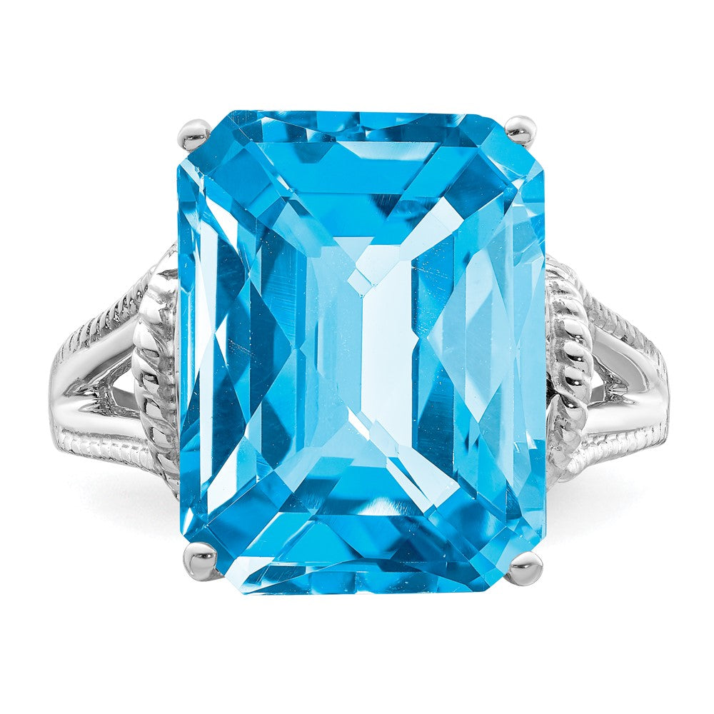 Sterling Silver Rhodium Checker Cut Blue Topaz Ring (Size 9 Only)