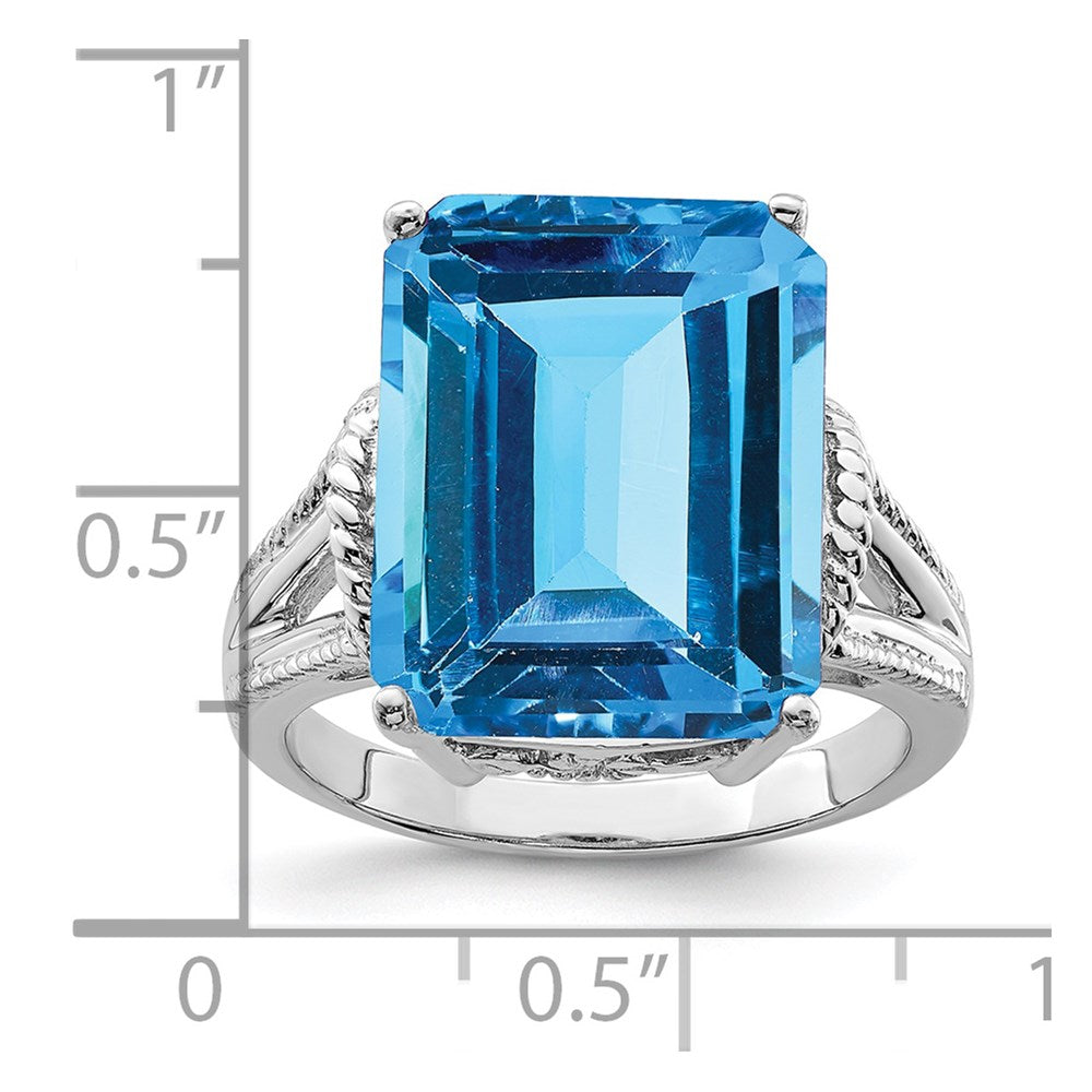 Sterling Silver Rhodium Checker Cut Blue Topaz Ring (Size 9 Only)
