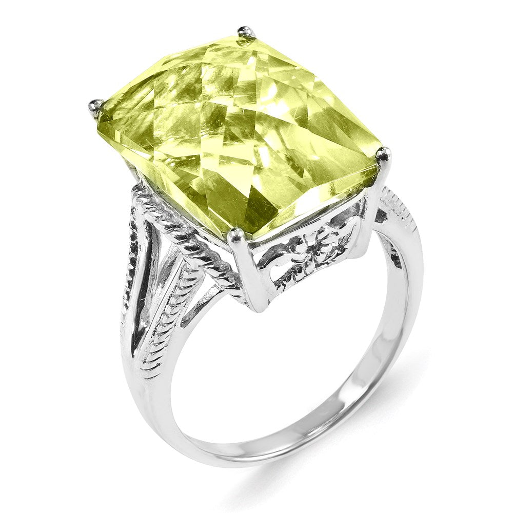 Sterling Silver Rhodium Plated Checker Cut Lemon Quartz Ring