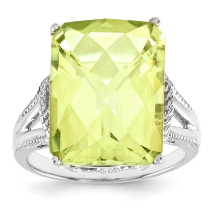 Sterling Silver Rhodium Plated Checker Cut Lemon Quartz Ring