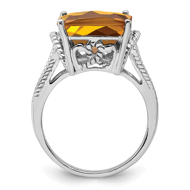 Sterling Silver Rhodium Octagonal Checker Cut Whiskey Quartz Ring (Size 7 Only)
