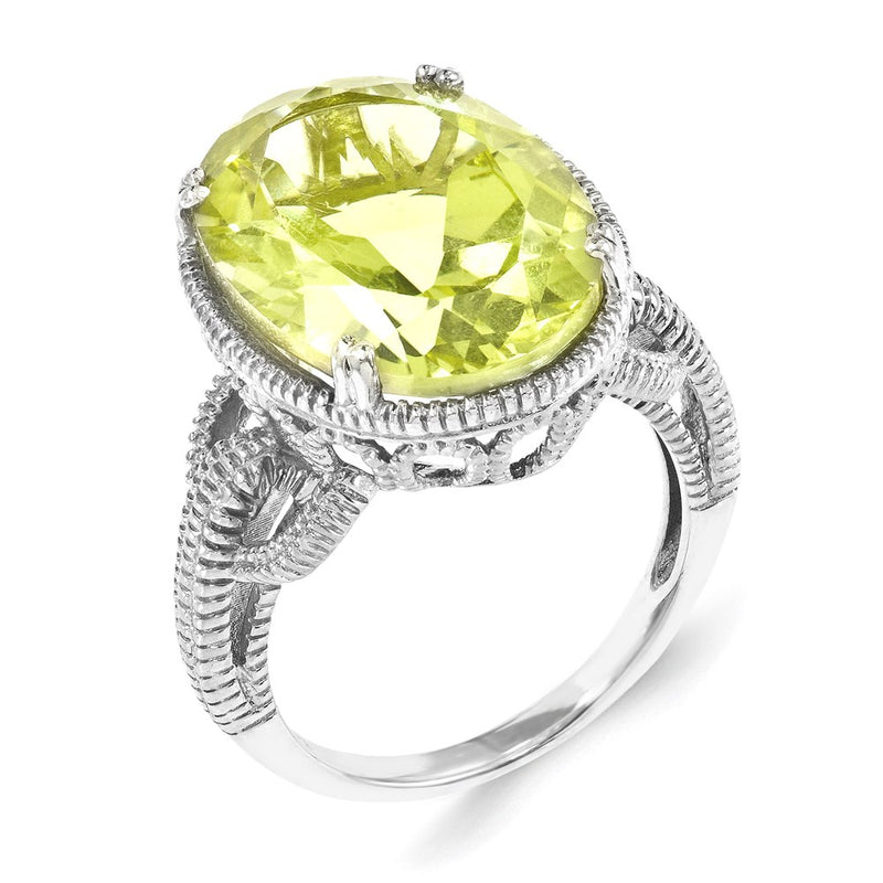 Sterling Silver Rhodium Plated Lemon Quartz Ring (Size 9 Only)