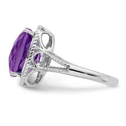 Sterling Silver Rhodium Plated Checker Cut Amethyst Ring