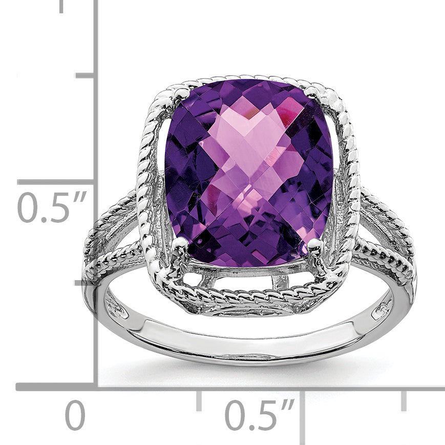 Sterling Silver Rhodium Plated Checker Cut Amethyst Ring