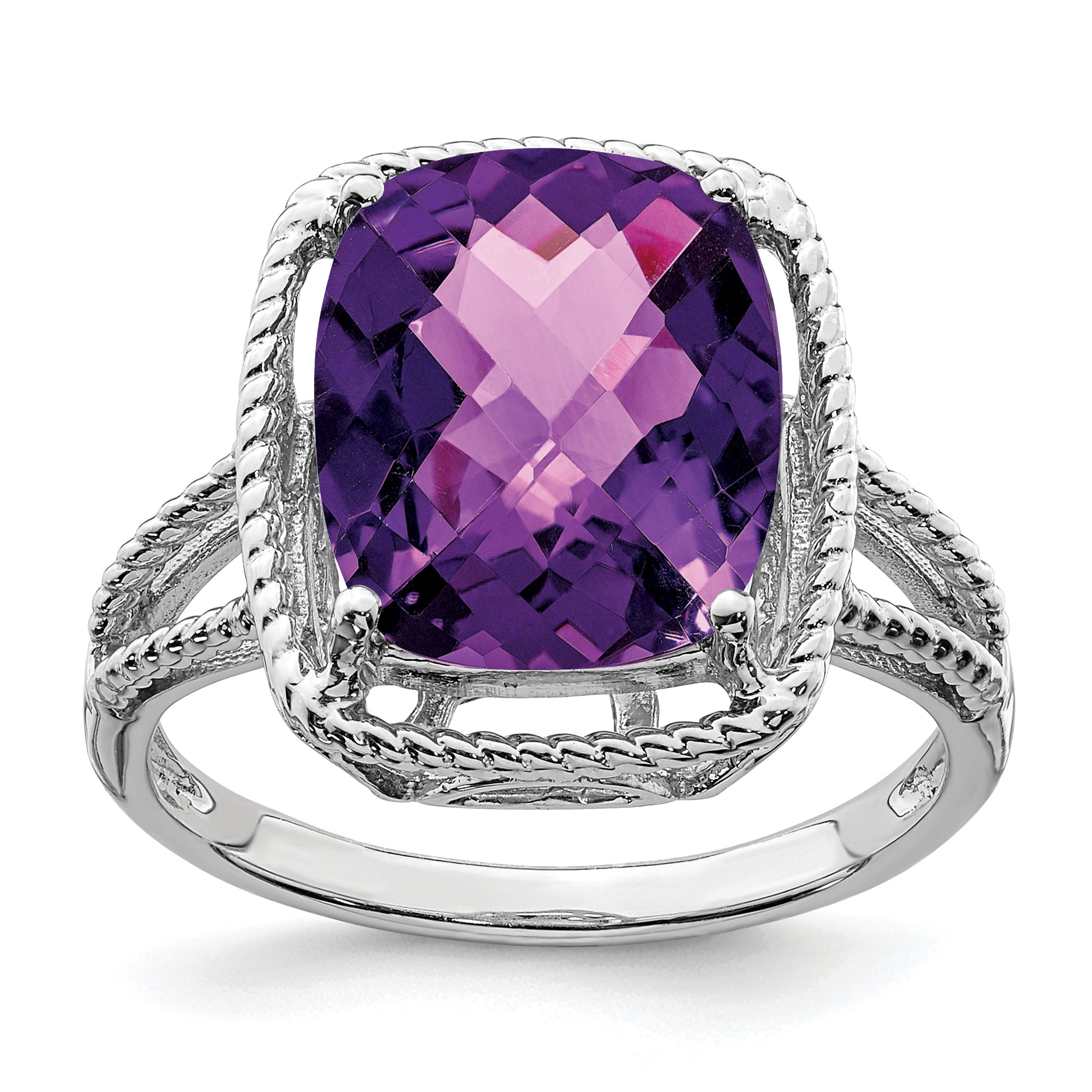 Sterling Silver Rhodium Plated Checker Cut Amethyst Ring