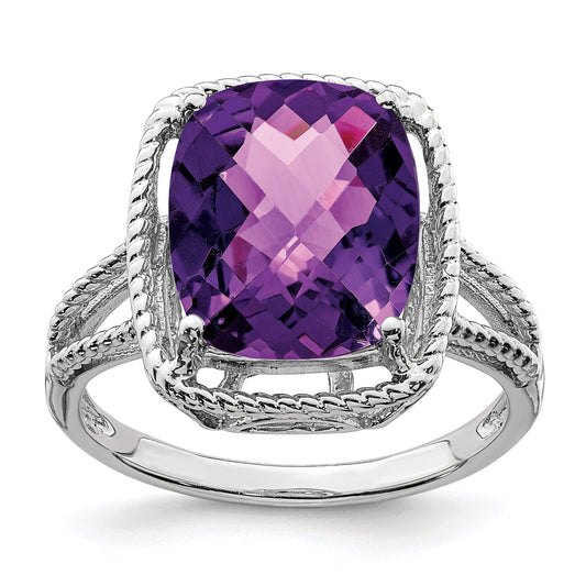 Sterling Silver Rhodium Plated Checker Cut Amethyst Ring
