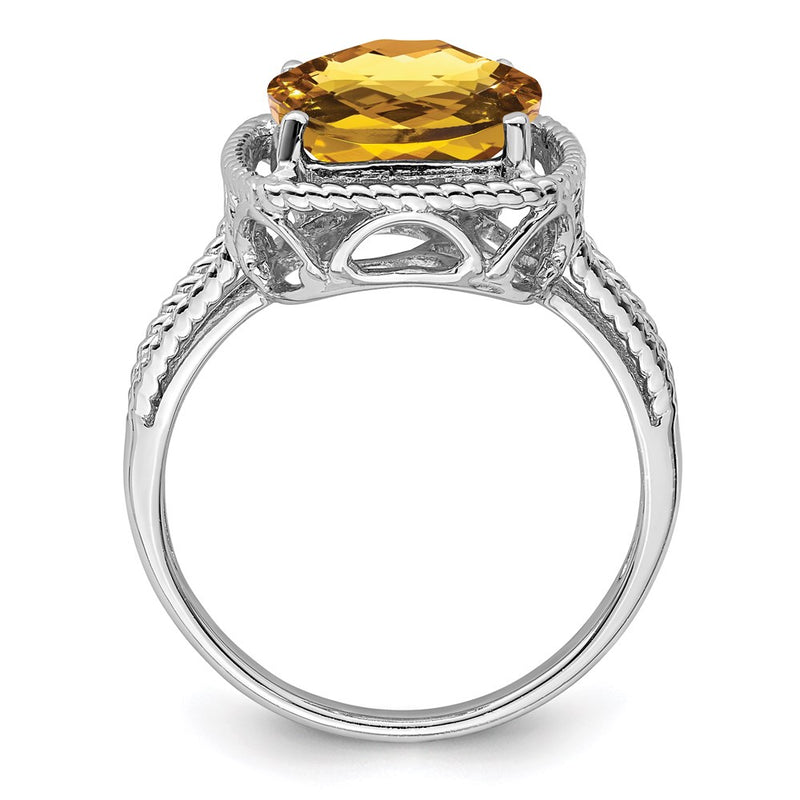 Sterling Silver Rhodium Checker Cut Whiskey Quartz Ring (Size 5 Only)