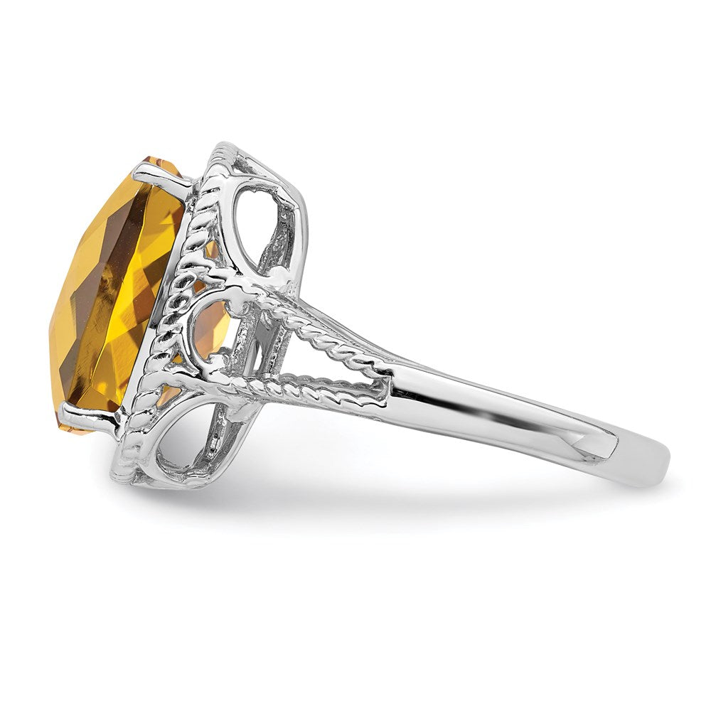 Sterling Silver Rhodium Checker Cut Whiskey Quartz Ring (Size 5 Only)