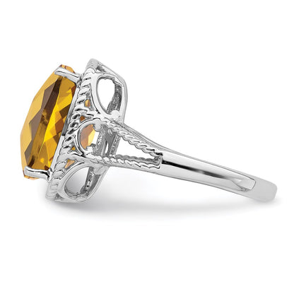 Sterling Silver Rhodium Checker Cut Whiskey Quartz Ring (Size 5 Only)