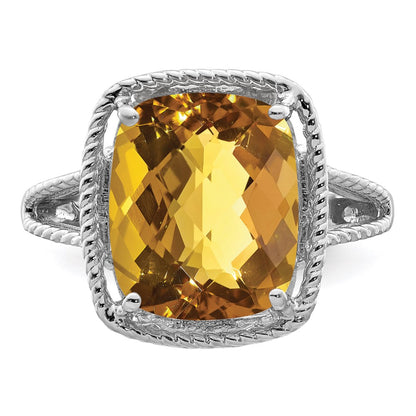 Sterling Silver Rhodium Checker Cut Whiskey Quartz Ring (Size 5 Only)