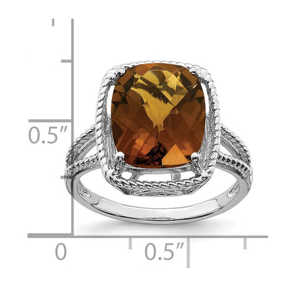 Sterling Silver Rhodium Checker Cut Whiskey Quartz Ring (Size 5 Only)